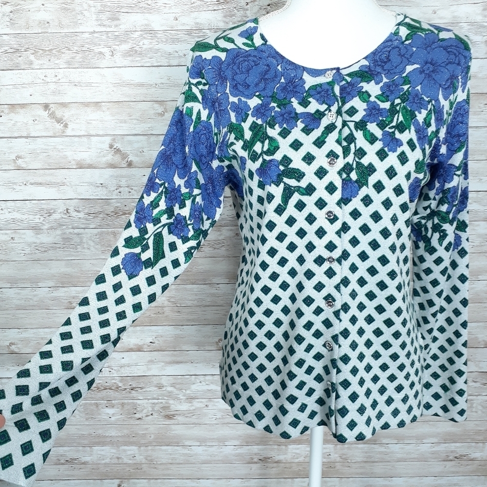 Charter Club Cardigan M Floral Silver Purple 585 - Picture 3 of 7